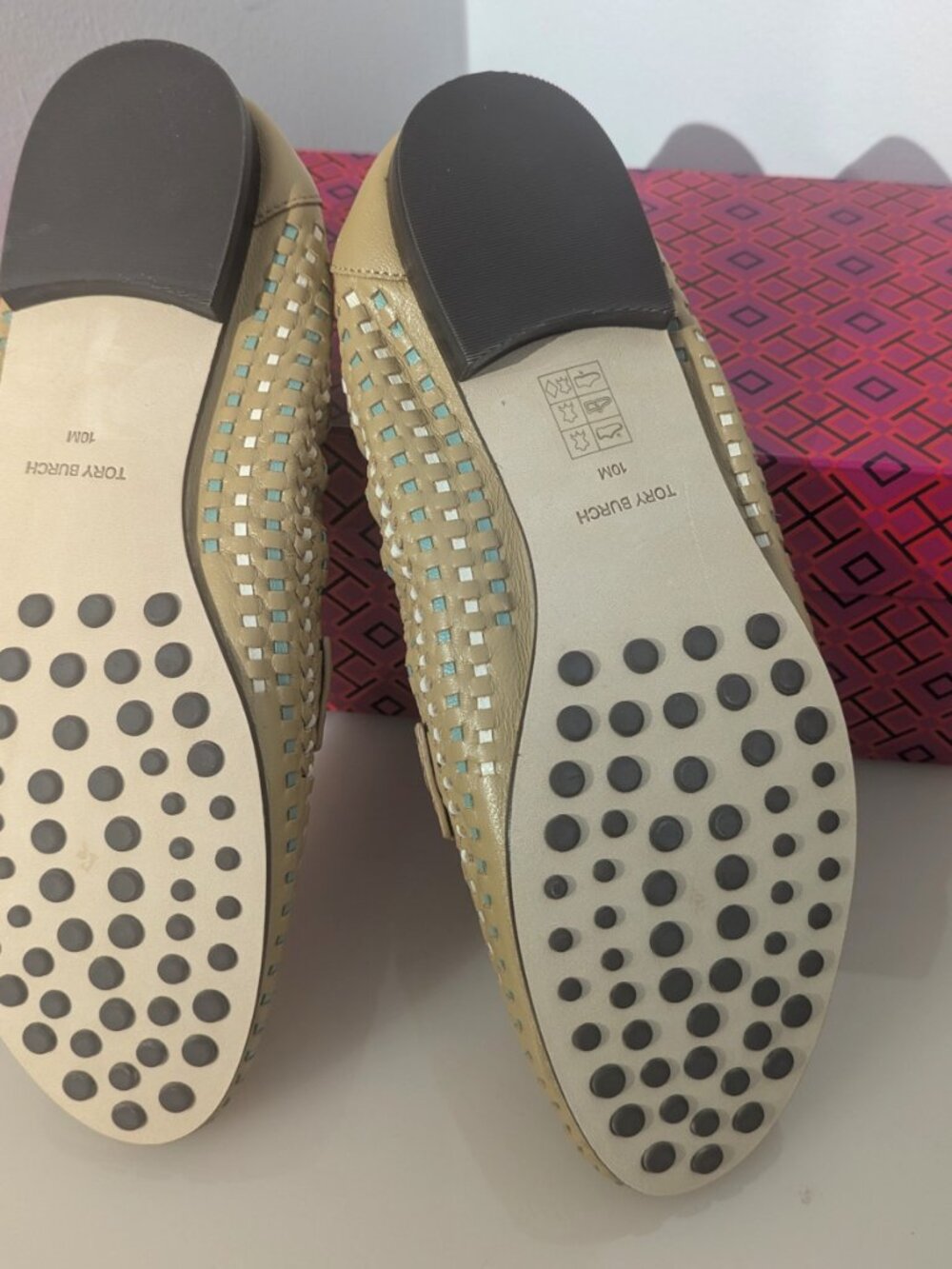 Tory Burch $348 Woven Ballet Loafer Flats Tan Blue SUPER COMFY! - Picture 6 of 12